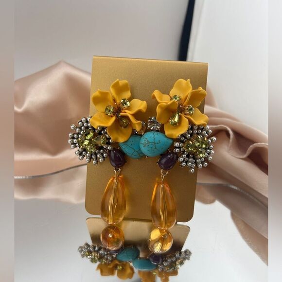 Vibrant Boho Floral and Gemstone Drop Earrings - Picture 1 of 8